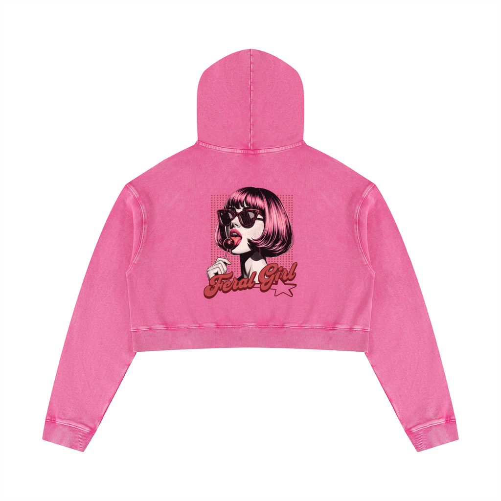 Feral Girl Retro Women’s Mineral Washed Crop Top Hoodie