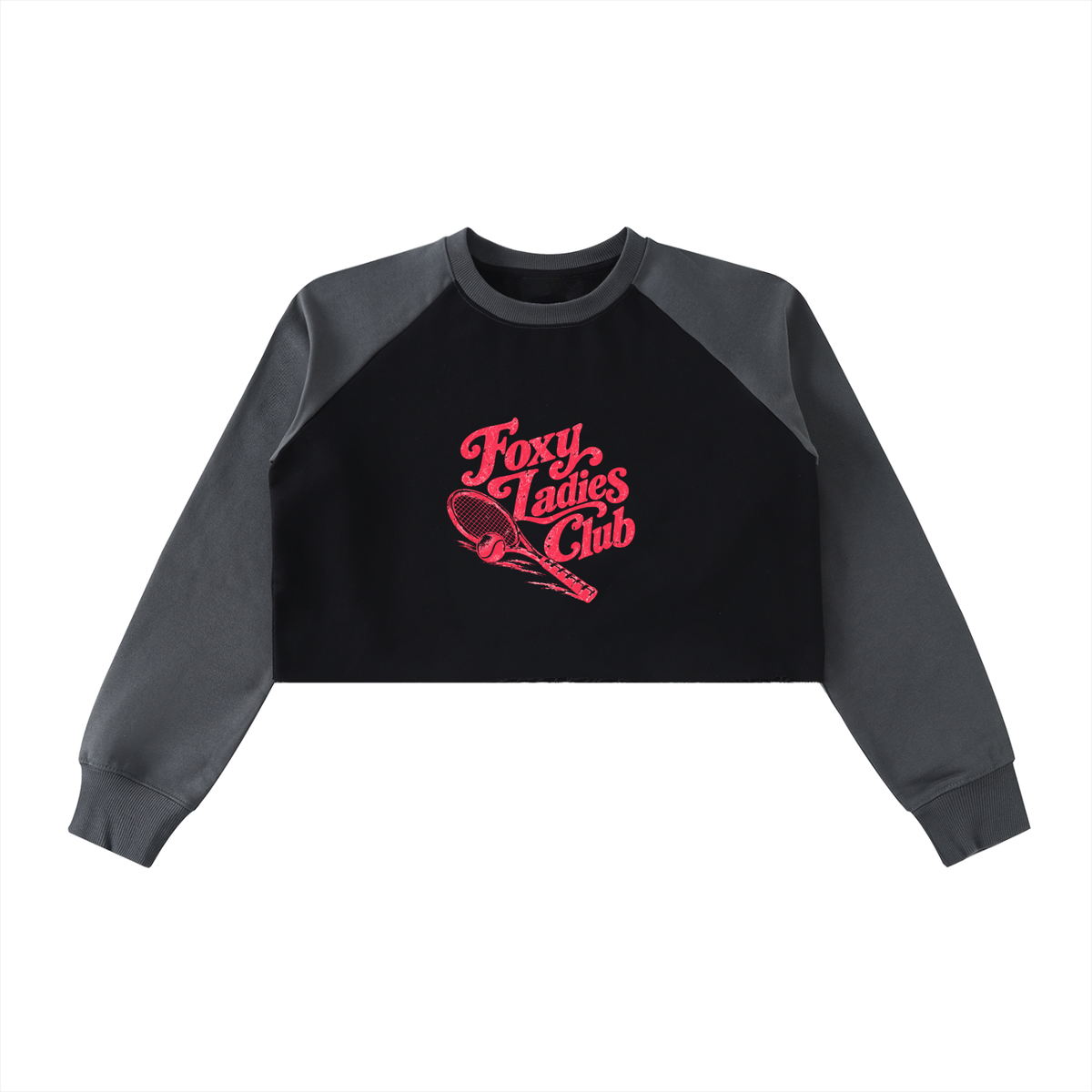 Foxy Ladies Club Retro Raw Hem Color Block Raglan Crop Sweatshirt
